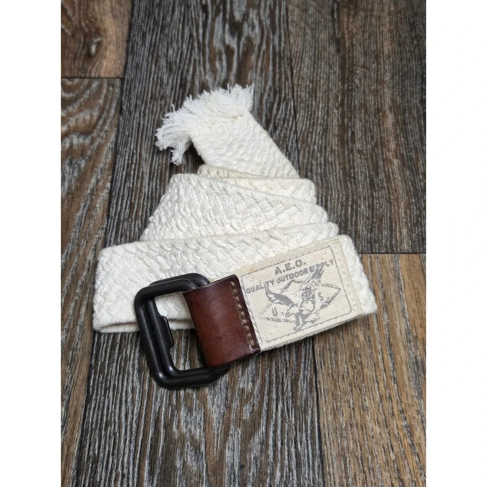 American Eagle Mens Braided Web Belt Cream Cotton Leather D-Ring Buckle AEO